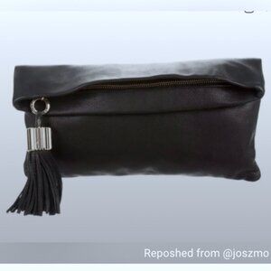 India Hicks Carmen fold over Black Leather Clutch with tassel